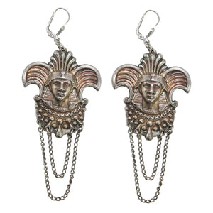 French Vintage Silver Tone Egyptian Revival Figural Pharaoh Drop Earrings c. 1930 (Pierced)