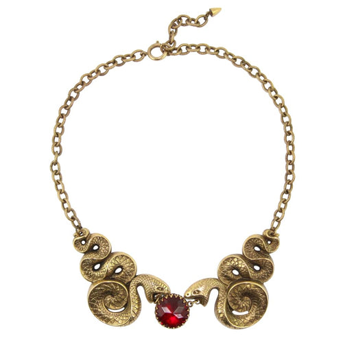 RARE & Collectible Vintage Joseff of Hollywood Coiled Snake-Serpent, Ruby Red Cabochon Necklace c. 1950