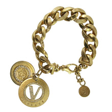 Load image into Gallery viewer, Versace Signed Gold Tone Chunky Chain Link Bracelet &amp; Crystal encrusted Medusa charm pendant c.1980s