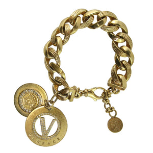 Versace Signed Gold Tone Chunky Chain Link Bracelet & Crystal encrusted Medusa charm pendant c.1980s