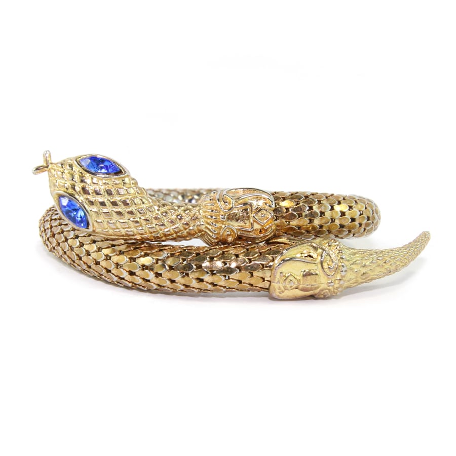 Chunky Gold Tone Snake Arm Bangle with Sapphire Blue Eyes c.1970s - Harlequin Market