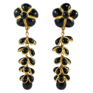 Stunning Unique Statement Pate-de-verre (hand-poured-glass) delicate black & gold flower & leaf drop (clip-on) earrings