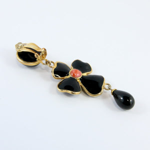 Statement Pate-de-verre (hand-poured-glass) delicate black flower drop (clip-on) earrings