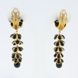 Stunning Unique Statement Pate-de-verre (hand-poured-glass) delicate black & gold flower & leaf drop (clip-on) earrings