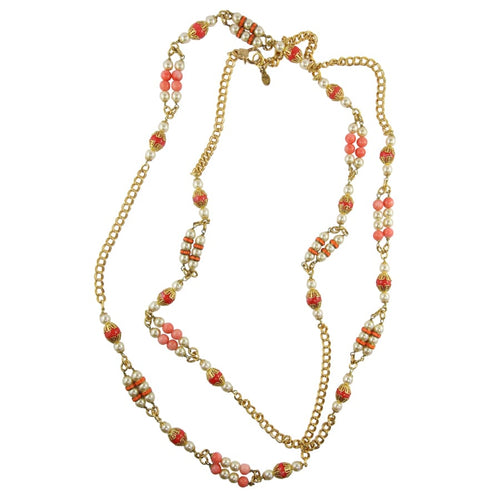 By Phillippe Paris for Harlequin Market Gold Tone Chain Necklace with Faux Pearls & Vintage Coral Beads Necklace - Harlequin Market