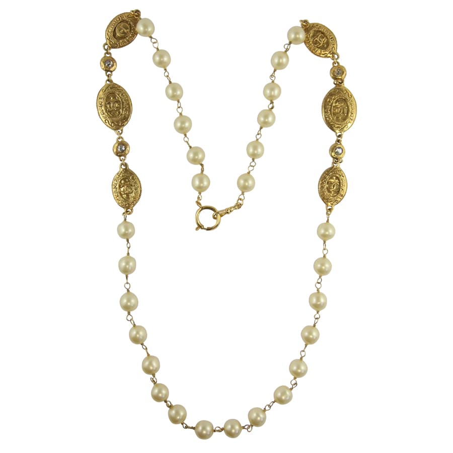 Chanel Goldtone Pearl/Crystal CC Logo Necklace - Yoogi's Closet