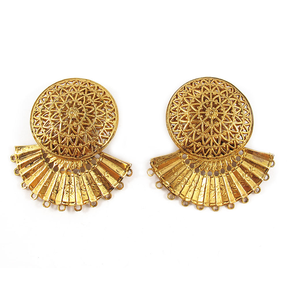 French Vintage Signed Zoe Coste Gold Plated Filigree Fan Clip-on Earrings c. 1980's