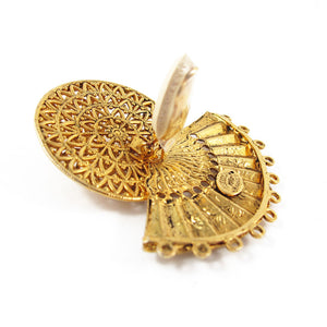 French Vintage Signed Zoe Coste Gold Plated Filigree Fan Clip-on Earrings c. 1980's