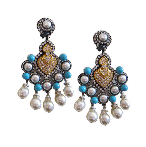 Lawrence Vrba Faux Pearl & Turquoise Statement Earrings