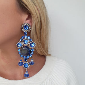 Lawrence VRBA Signed Large Statement Crystal Earrings -  Royal Blue Drop Earrings (Clip-On)