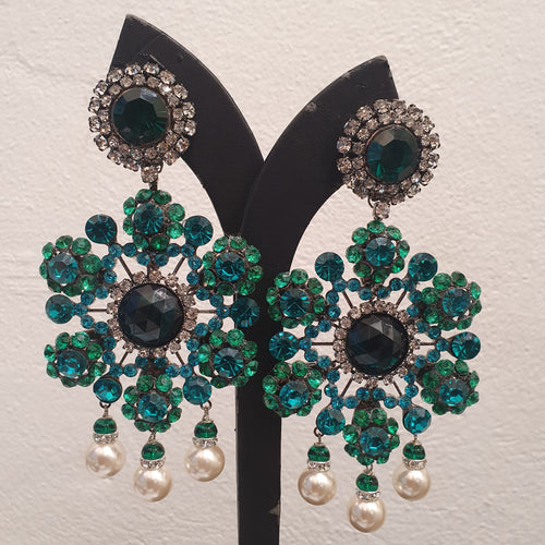 Lawrence VRBA Signed Large Statement Crystal Earrings -  Emerald Green Drop Earrings (Clip-On)