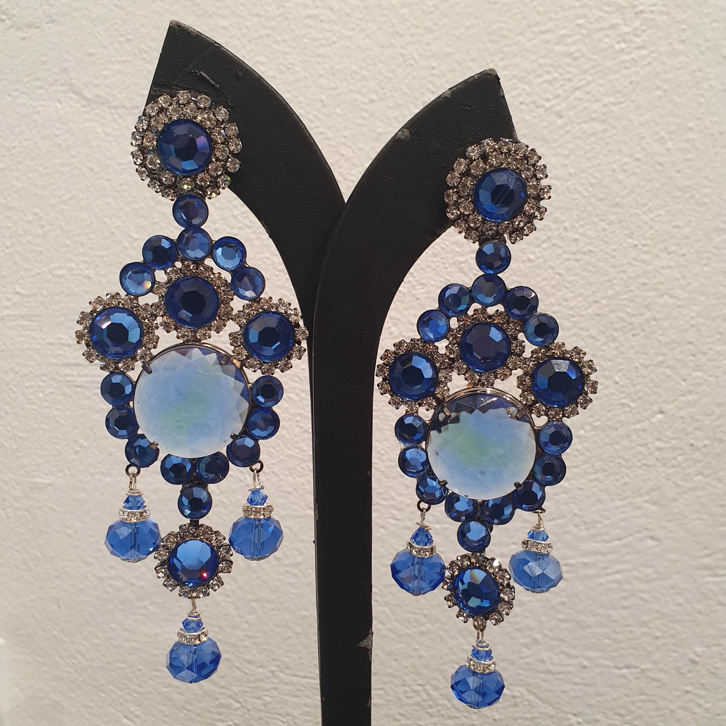 Lawrence VRBA Signed Large Statement Crystal Earrings -  Royal Blue Drop Earrings (Clip-On)
