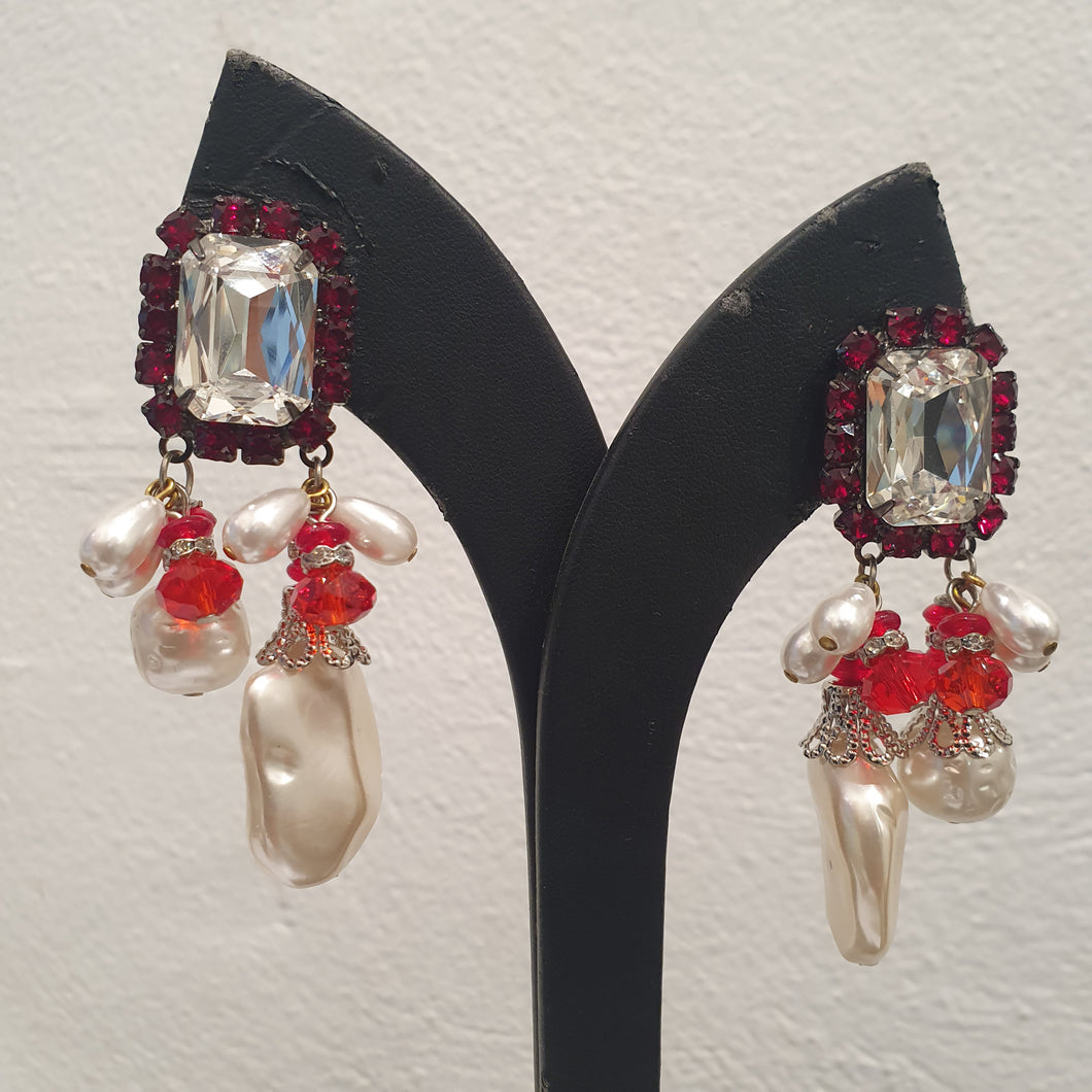 Lawrence VRBA Signed Large Statement Crystal Earrings -  Red & Faux Pearl Drop Earrings (Clip-On)