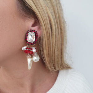 Lawrence VRBA Signed Large Statement Crystal Earrings -  Red & Faux Pearl Drop Earrings (Clip-On)