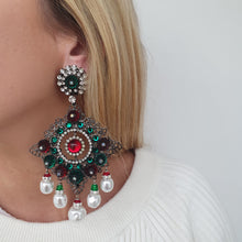 Load image into Gallery viewer, Lawrence VRBA Signed Large Statement Crystal Earrings -  Green &amp; Red Drop Earrings (Clip-On)