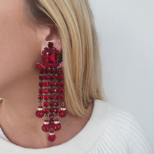 Lawrence VRBA Signed Large Statement Crystal Earrings -  Red Drop Earrings (Clip-On)