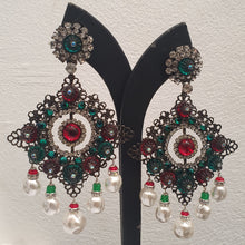 Load image into Gallery viewer, Lawrence VRBA Signed Large Statement Crystal Earrings -  Green &amp; Red Drop Earrings (Clip-On)