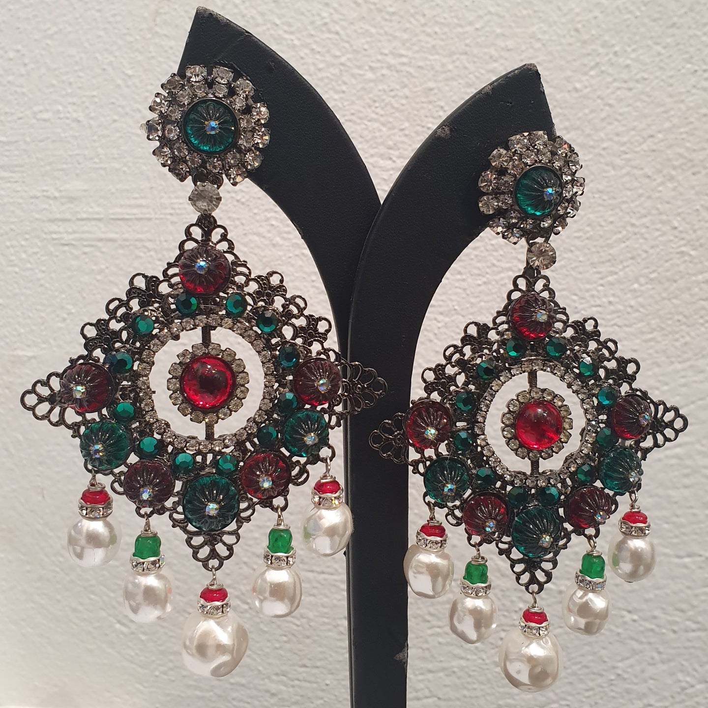 Lawrence VRBA Signed Large Statement Crystal Earrings -  Green & Red Drop Earrings (Clip-On)