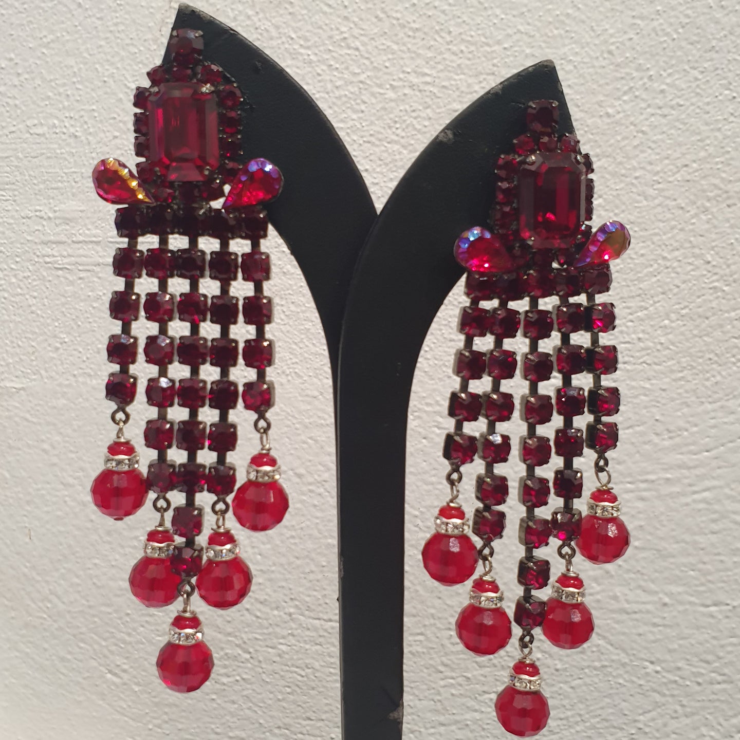 Lawrence VRBA Signed Large Statement Crystal Earrings -  Red Drop Earrings (Clip-On)