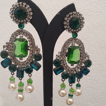 Load image into Gallery viewer, Lawrence VRBA Signed Large Statement Crystal Earrings -  Emerald Green Drop Earrings (Clip-On)