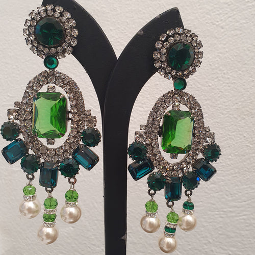 Lawrence VRBA Signed Large Statement Crystal Earrings -  Emerald Green Drop Earrings (Clip-On)