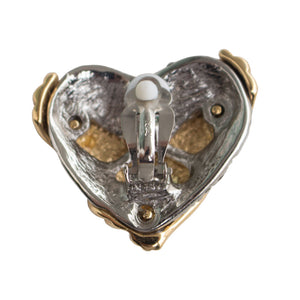 Yves Saint Laurent Signed 'YSL' Vintage Large Silver & Gold Entwined Crystal Heart Earrings (Clip-On)