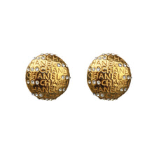 Load image into Gallery viewer, Vintage Chanel Engraved Text Polished Gold Tone &amp; Crystal Earrings c. 1990s (Clip-on)