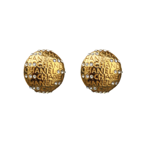 Vintage Chanel Engraved Text Polished Gold Tone & Crystal Earrings c. 1990s (Clip-on)