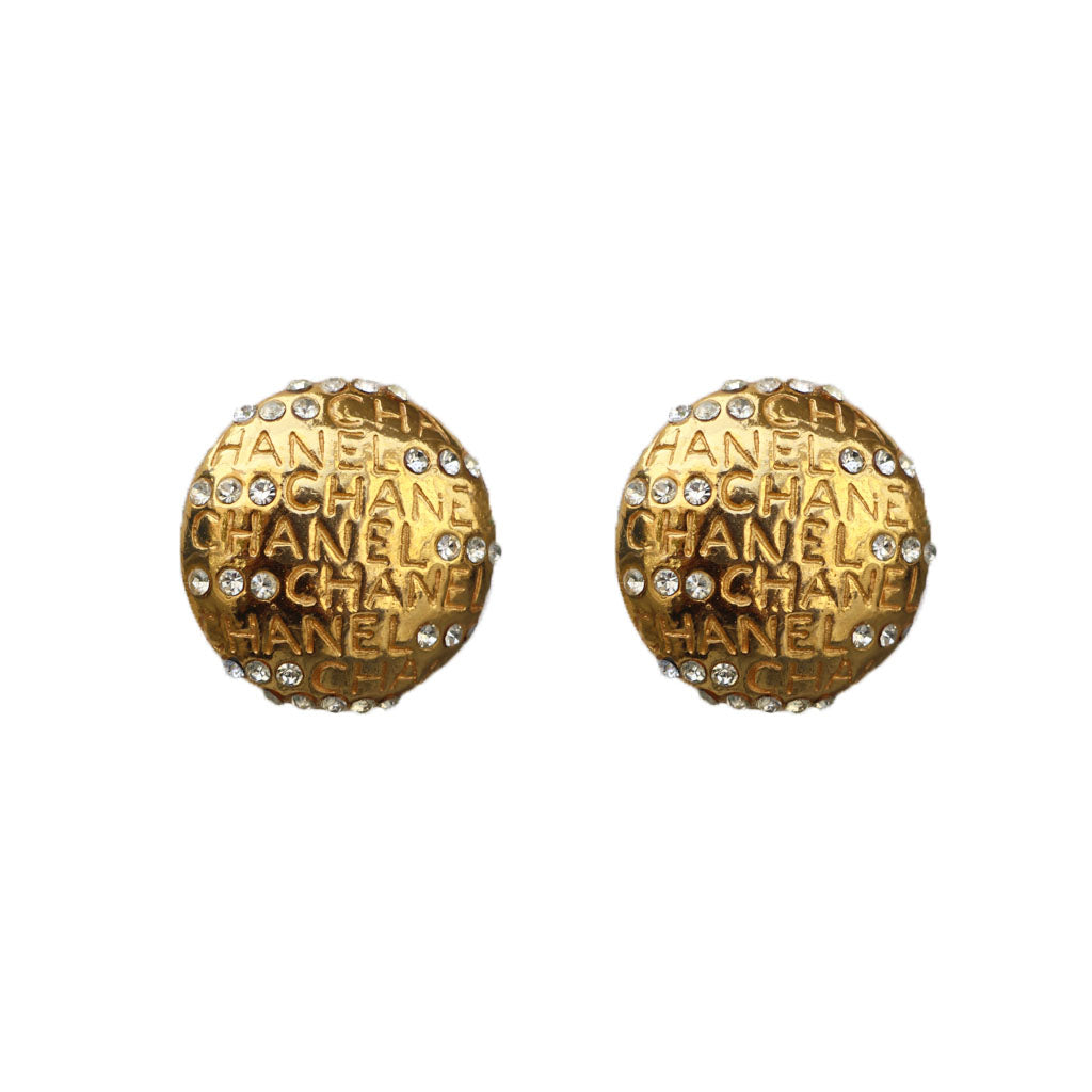 Vintage Chanel Engraved Text Polished Gold Tone & Crystal Earrings c. 1990s (Clip-on)