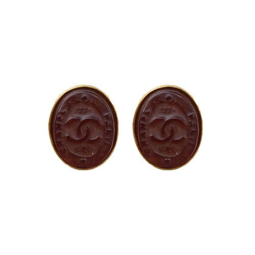 Stunning Oval Chanel Vintage Engraved CC Mahoganny Gripoix Earrings c. 1980s (Clip-on)