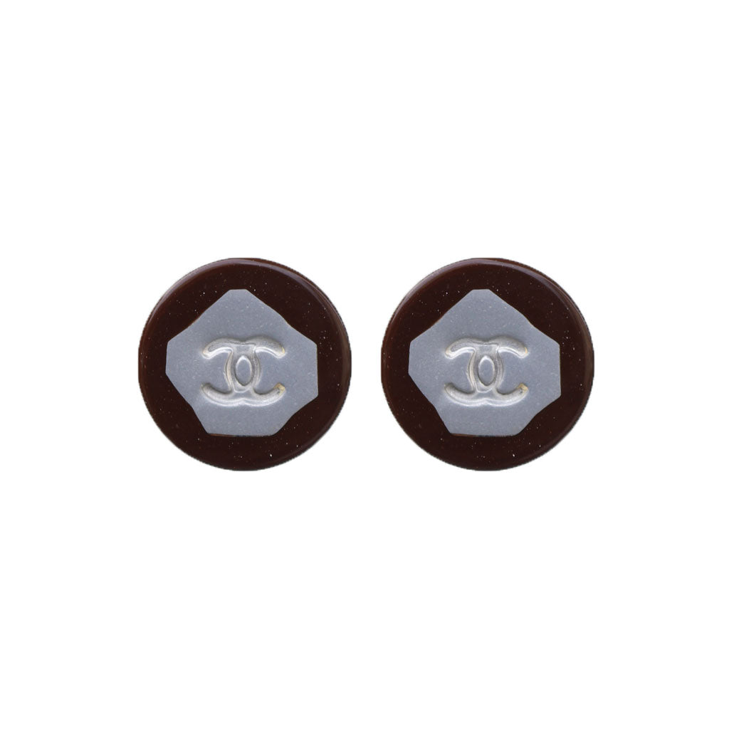 Vintage Chanel CC Silver Tone & Mahogany Earrings c. 1980s (Clip-on)