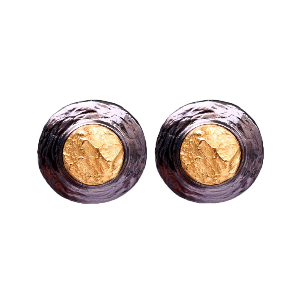Yves Saint Laurent Signed 'YSL' Vintage Gunmetal & Gold Tone Disc Earrings (Clip-On)