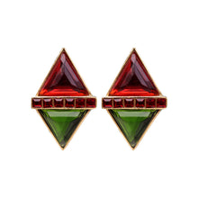 Load image into Gallery viewer, Yves Saint Laurent Signed &#39;YSL&#39; Vintage Large Rare Diamond Red Green Gold Tone Earrings (Clip-On)