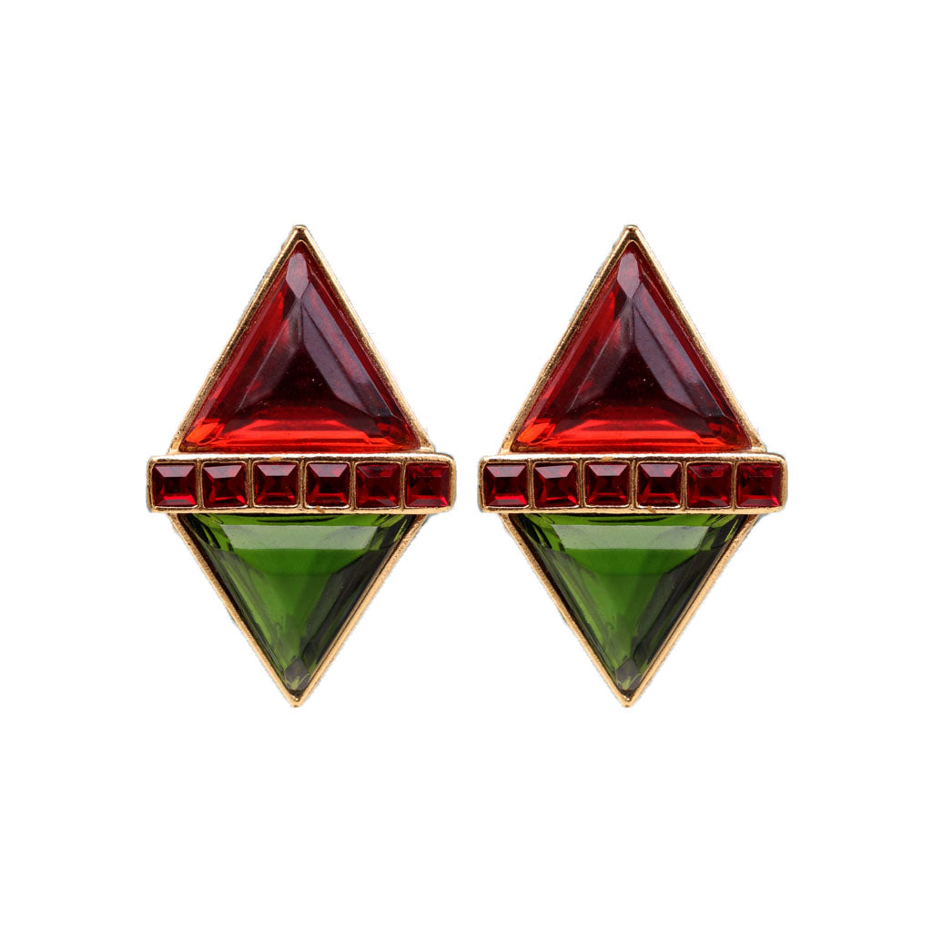 Yves Saint Laurent Signed 'YSL' Vintage Large Rare Diamond Red Green Gold Tone Earrings (Clip-On)