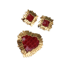 Load image into Gallery viewer, Yves Saint Laurent Signed &#39;YSL&#39; Vintage Gold Tone Lattice Square Red Textured Heart Brooch-Pendant