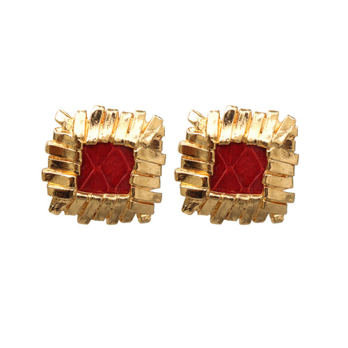 Yves Saint Laurent Signed 'YSL' Vintage Gold Tone Lattice Square Red Textured Earrings (Clip-On)