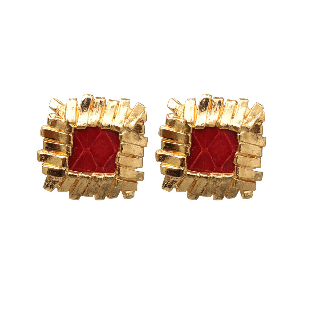 Yves Saint Laurent Signed 'YSL' Vintage Gold Tone Lattice Square Red Textured Earrings (Clip-On)