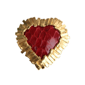 Yves Saint Laurent Signed 'YSL' Vintage Gold Tone Lattice Square Red Textured Heart Brooch-Pendant