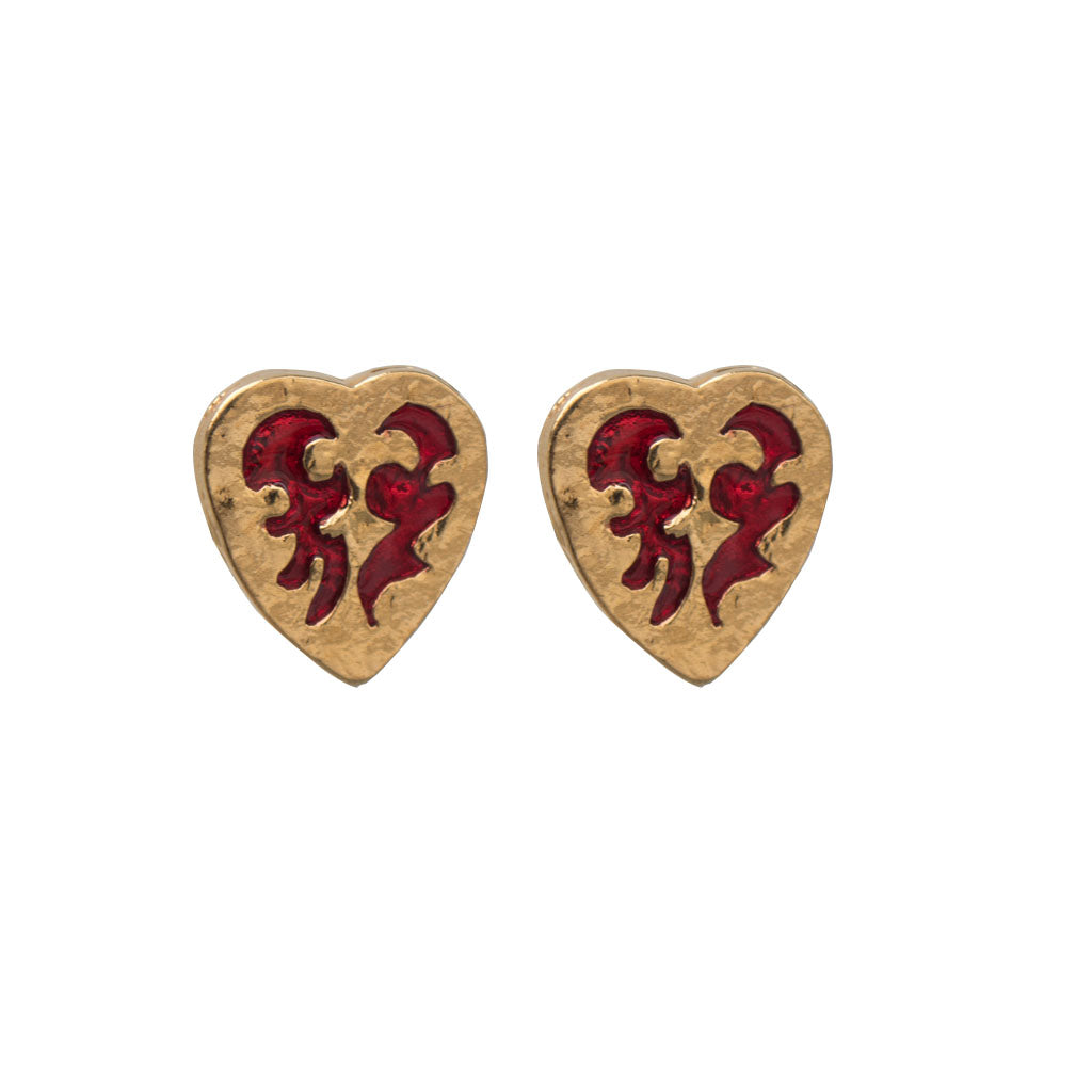 Yves Saint Laurent Signed 'YSL' Vintage Gold Tone & Red Enamel Heart Earrings (Clip-On)