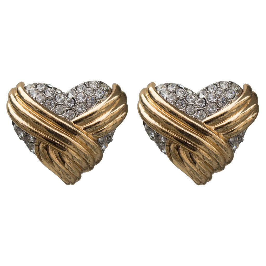 Yves Saint Laurent Signed 'YSL' Vintage Large Silver & Gold Entwined Crystal Heart Earrings (Clip-On)