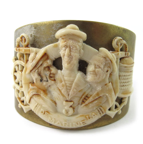 French vintage carved galalith and brass cuff 