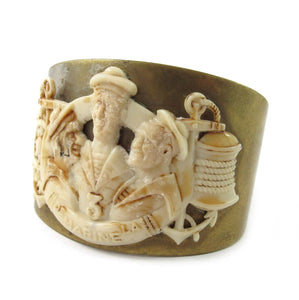 French vintage carved galalith and brass cuff "de Marine La' c.1930