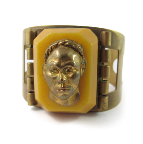 French Vintage Carved Galalith & Brass Figural Face Cuff c.1930