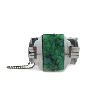 French Vintage Green Carved Galalith & Chrome Cuff c. 1930
