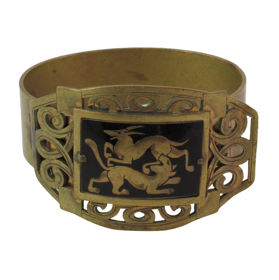French Vintage Brass & Enamel Clamper Bangle With Image Depicting Lions c. 1930's