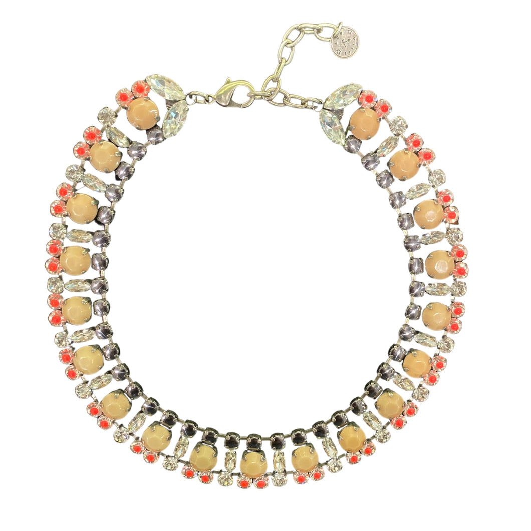 Vintage French Signed ‘Reminiscence’ Clear Crystal, Nude & Peach Cabochon Collar Statement Necklace