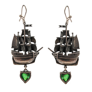 William Griffiths Sterling Silver Sailing Ship and Zirconia Hanging Heart Earrings