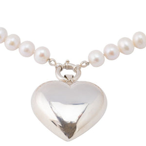 Genuine Fresh Water White Pearl Necklace with Large Sterling Silver Heart Pendant