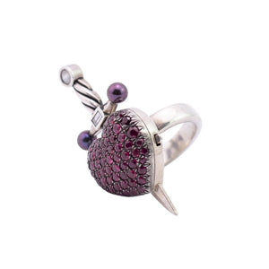 William Griffiths Sterling Silver Dagger Ruby Encrusted Ring with Diamond & Pearl