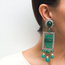Load image into Gallery viewer, Lawrence VRBA Signed Large Statement Crystal Earrings - Oriental Emerald Green &amp; Clear Rectangle
